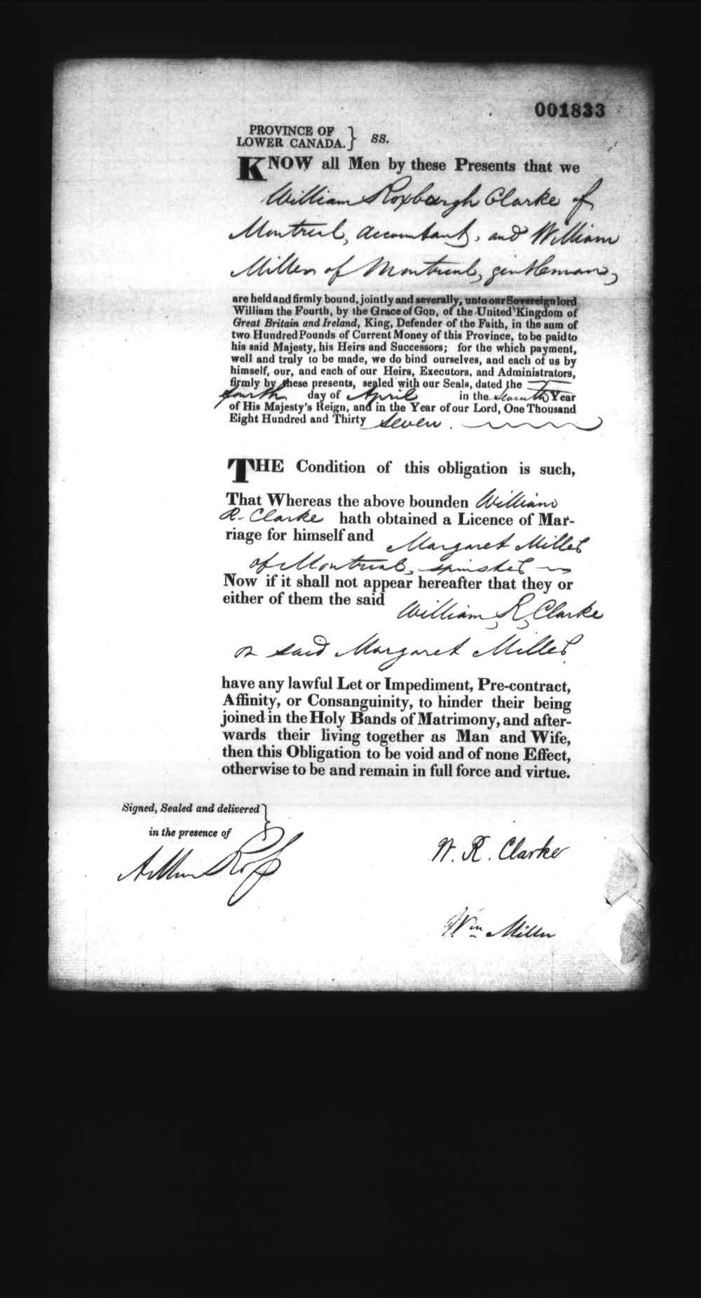 Digitized page of Upper and Lower Canada Marriage Bonds (1779-1865) for Image No.: e008238165