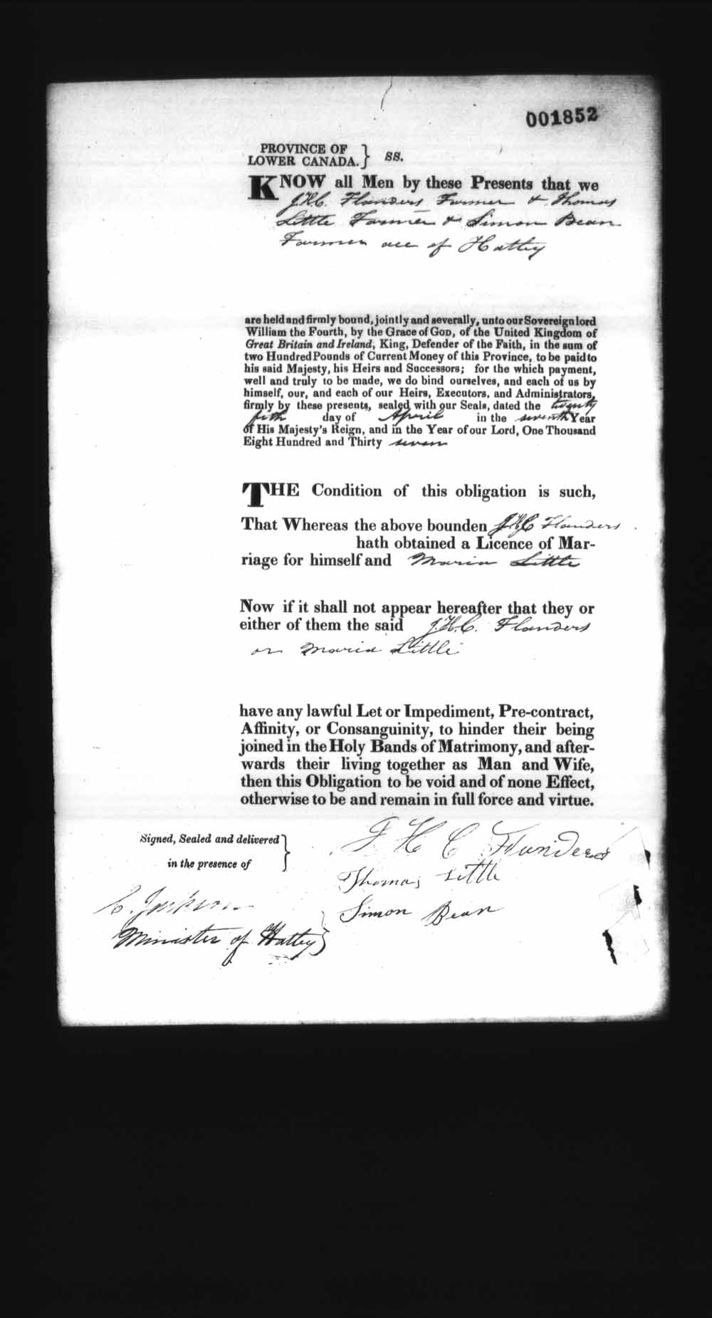 Digitized page of Upper and Lower Canada Marriage Bonds (1779-1865) for Image No.: e008238185