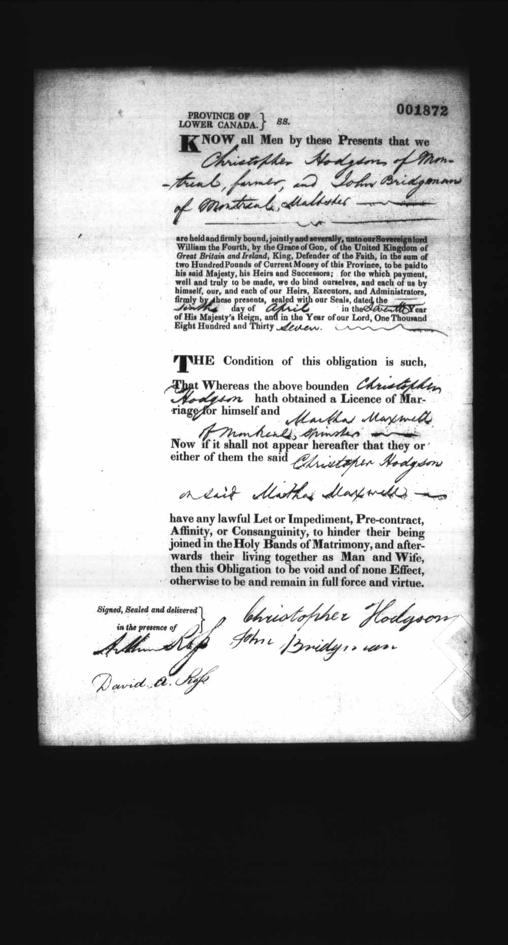 Page numérisé de Cautionnements de mariages pour le Haut-Canada et le Bas-Canada (1779-1865) pour l'image numéro: e008238206