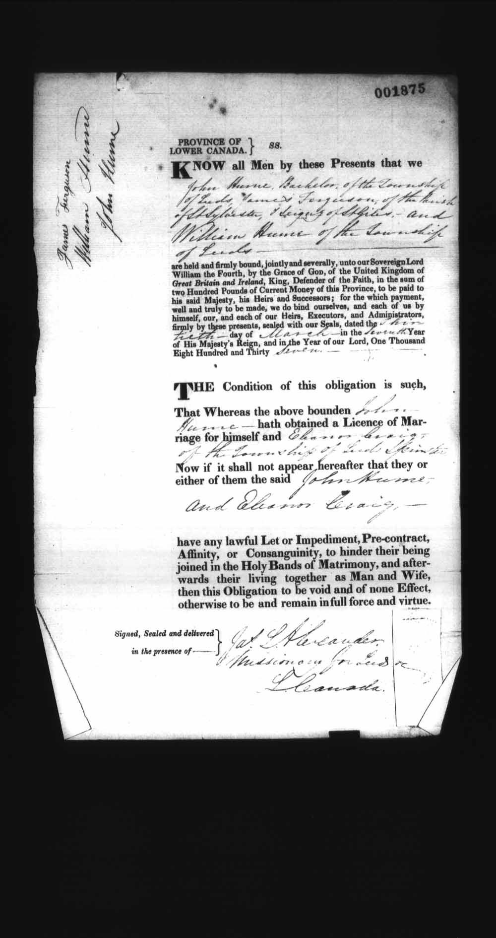 Digitized page of Upper and Lower Canada Marriage Bonds (1779-1865) for Image No.: e008238209