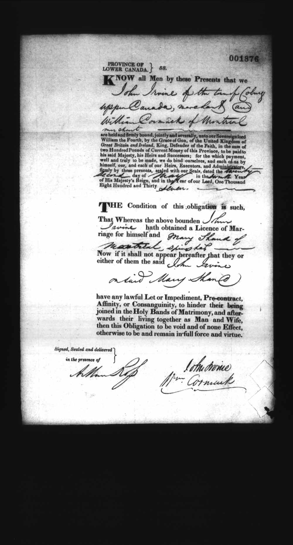 Digitized page of Upper and Lower Canada Marriage Bonds (1779-1865) for Image No.: e008238210