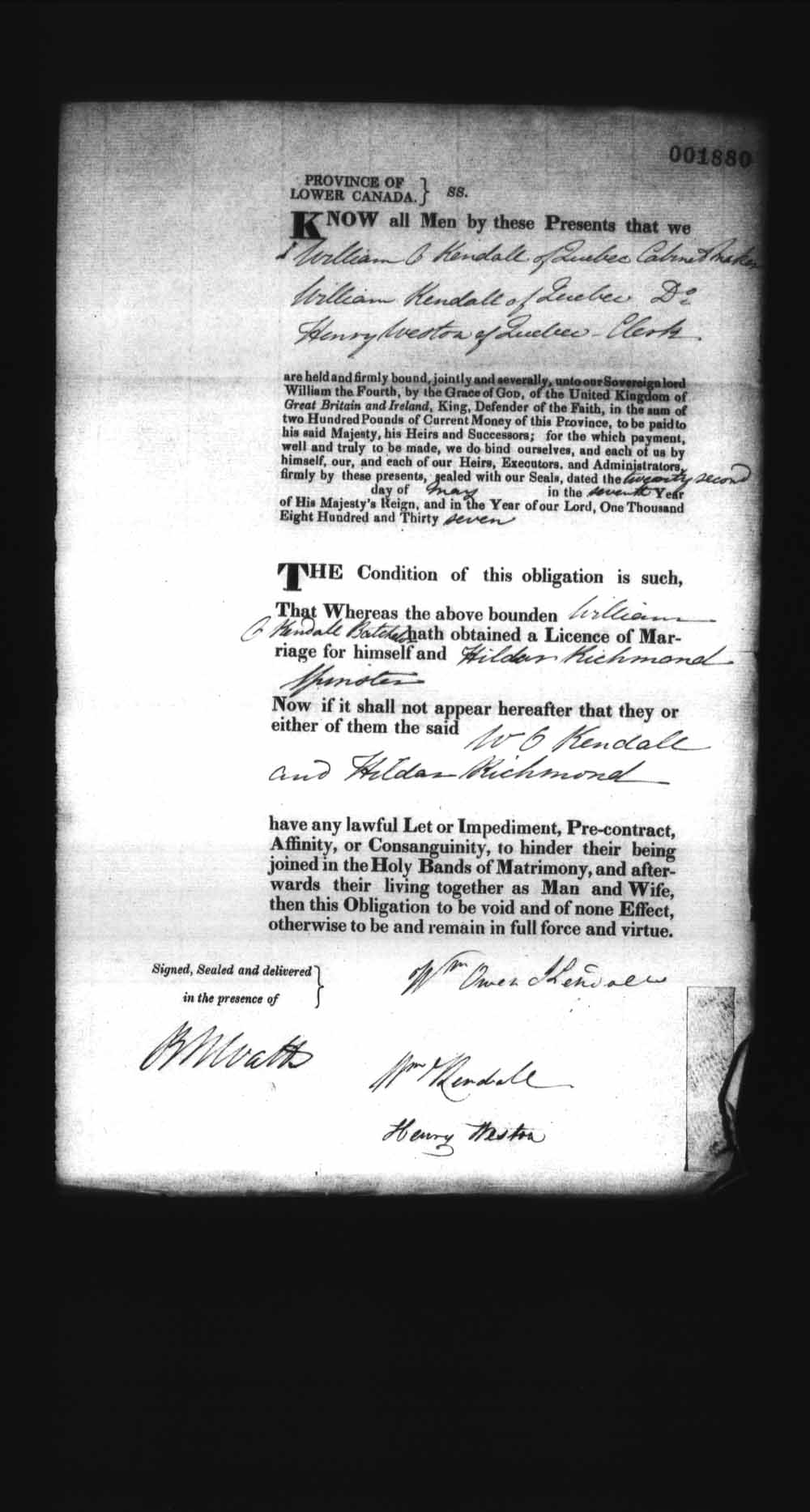 Page numérisé de Cautionnements de mariages pour le Haut-Canada et le Bas-Canada (1779-1865) pour l'image numéro: e008238214