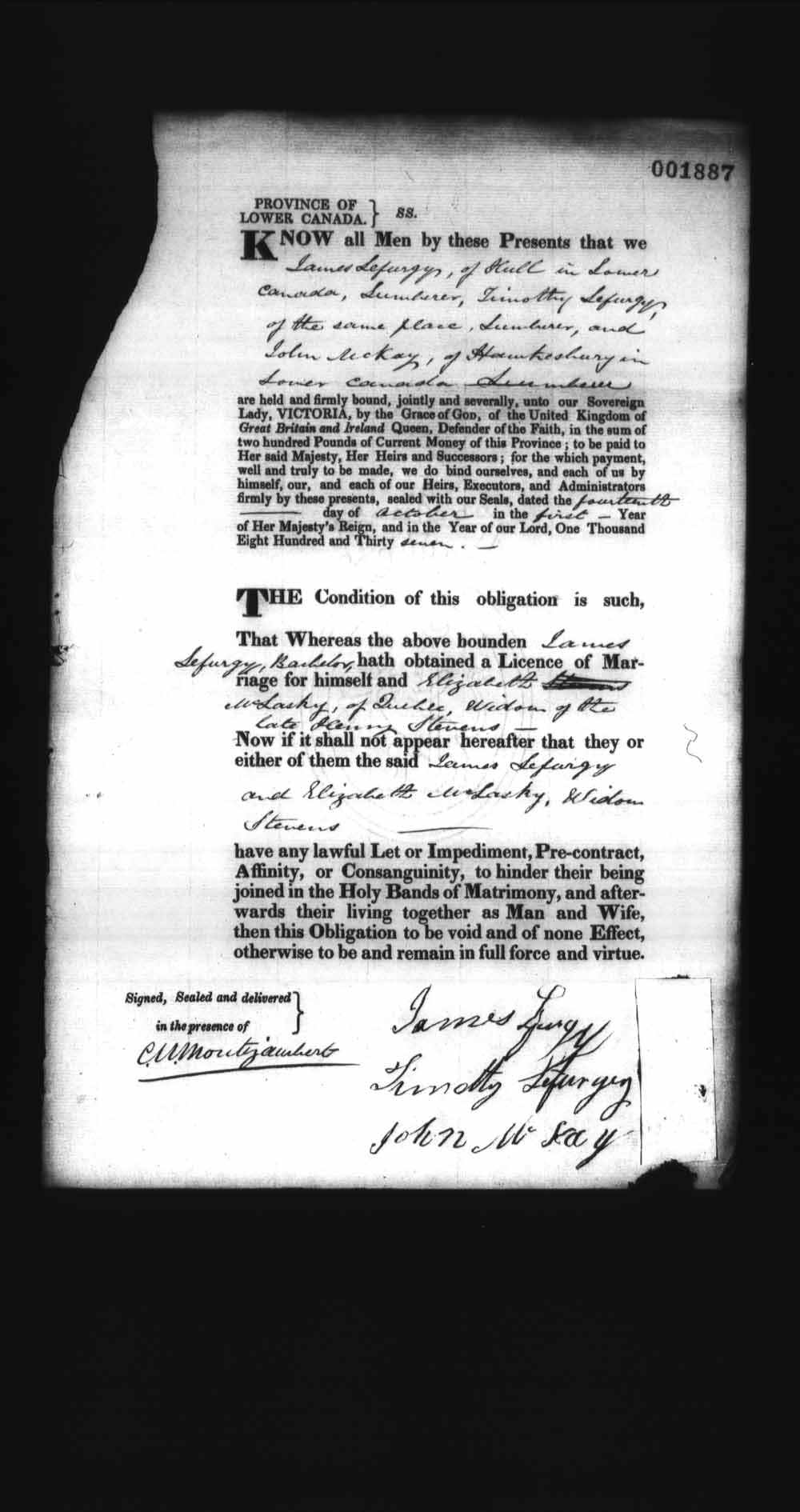 Digitized page of Upper and Lower Canada Marriage Bonds (1779-1865) for Image No.: e008238221