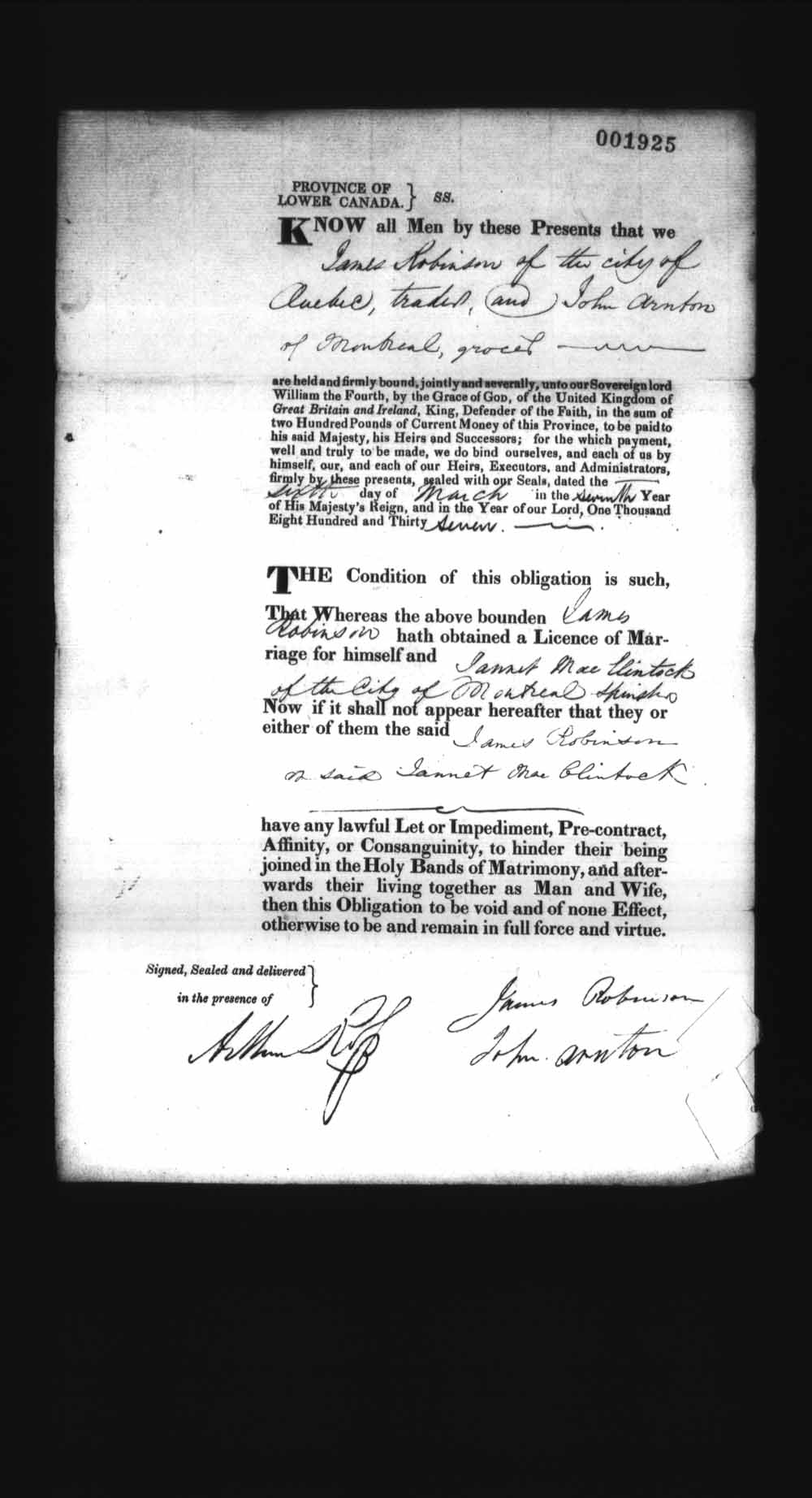 Page numérisé de Cautionnements de mariages pour le Haut-Canada et le Bas-Canada (1779-1865) pour l'image numéro: e008238262