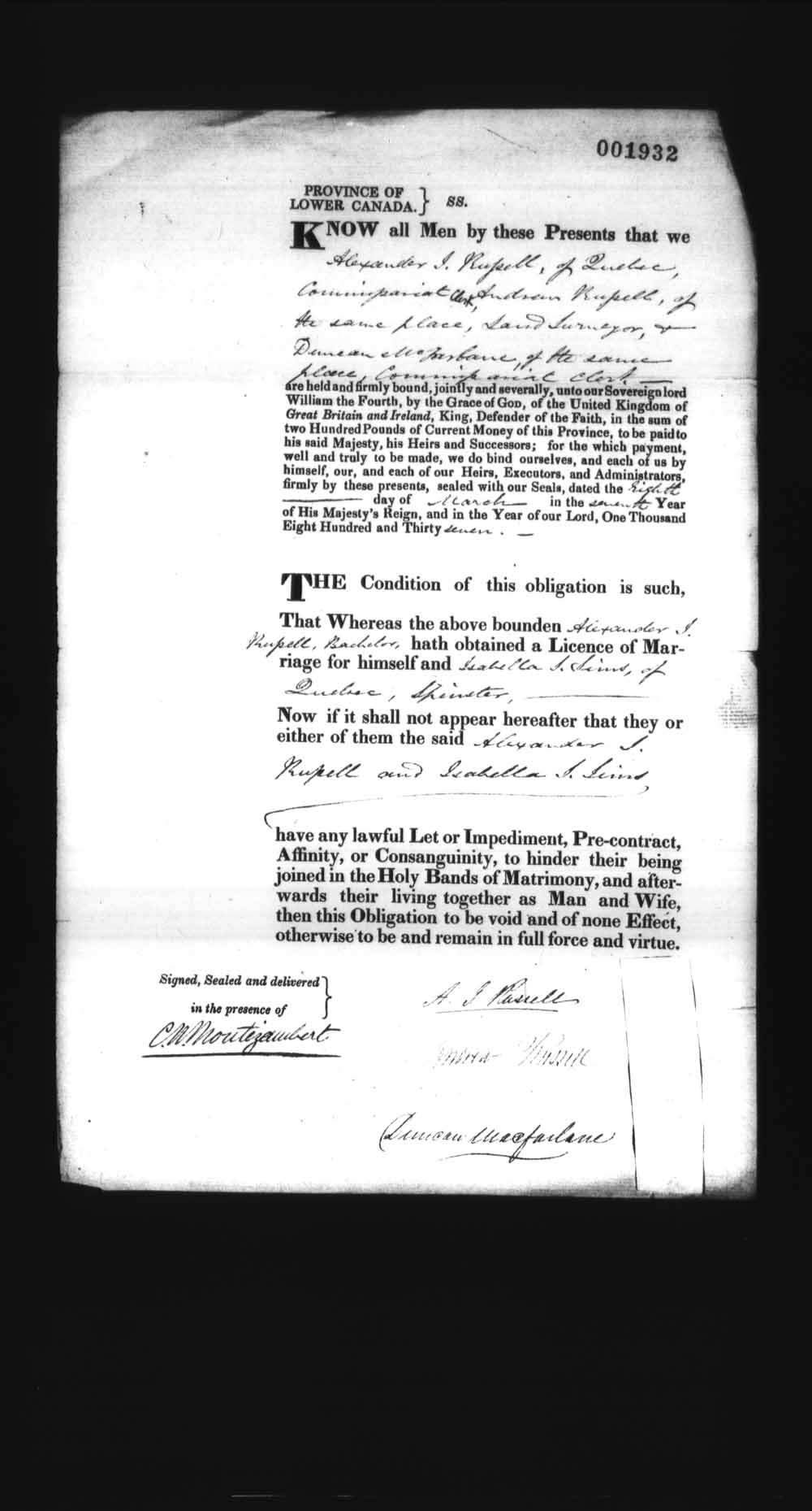 Digitized page of Upper and Lower Canada Marriage Bonds (1779-1865) for Image No.: e008238270