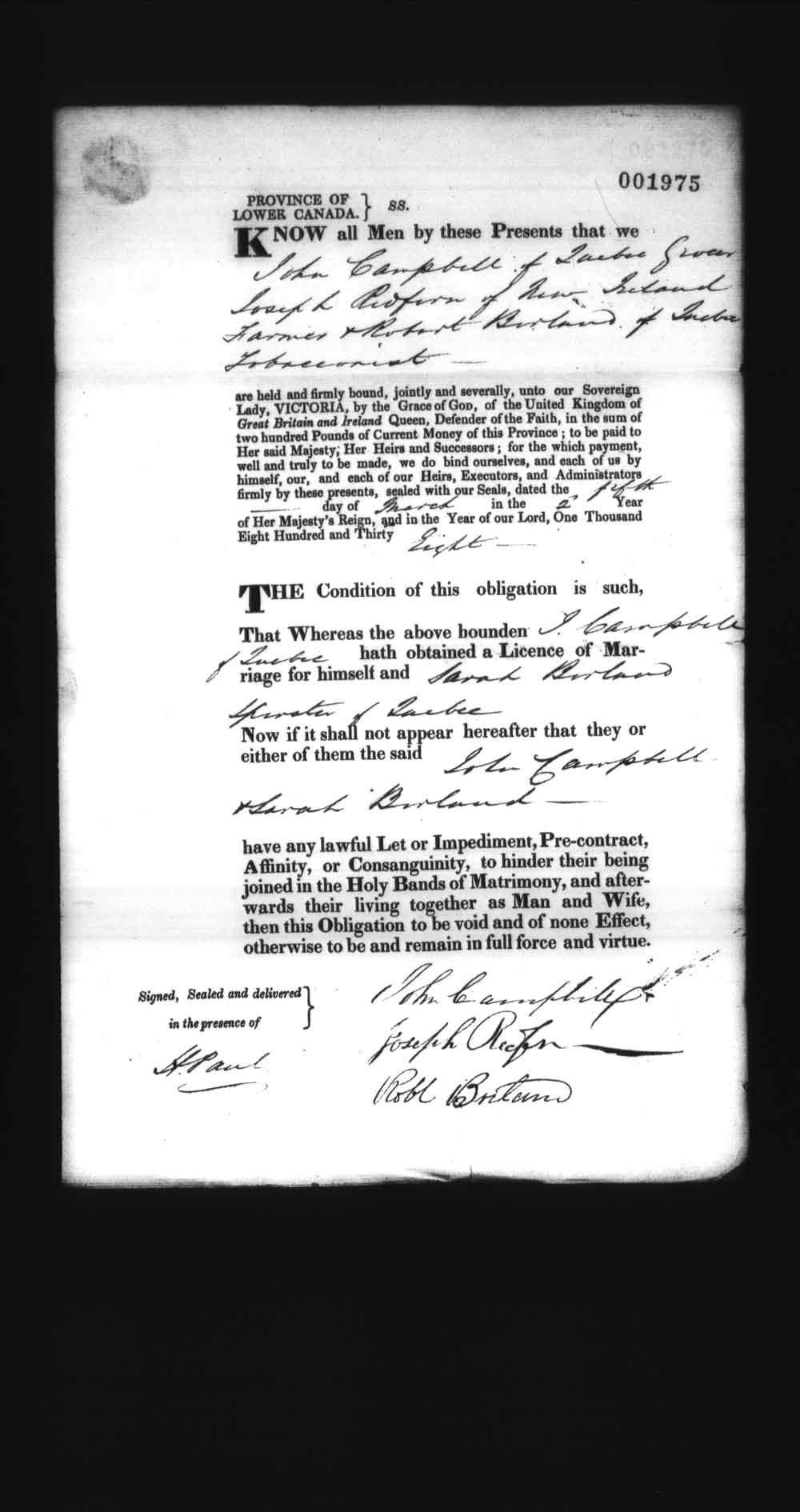Page numérisé de Cautionnements de mariages pour le Haut-Canada et le Bas-Canada (1779-1865) pour l'image numéro: e008238316