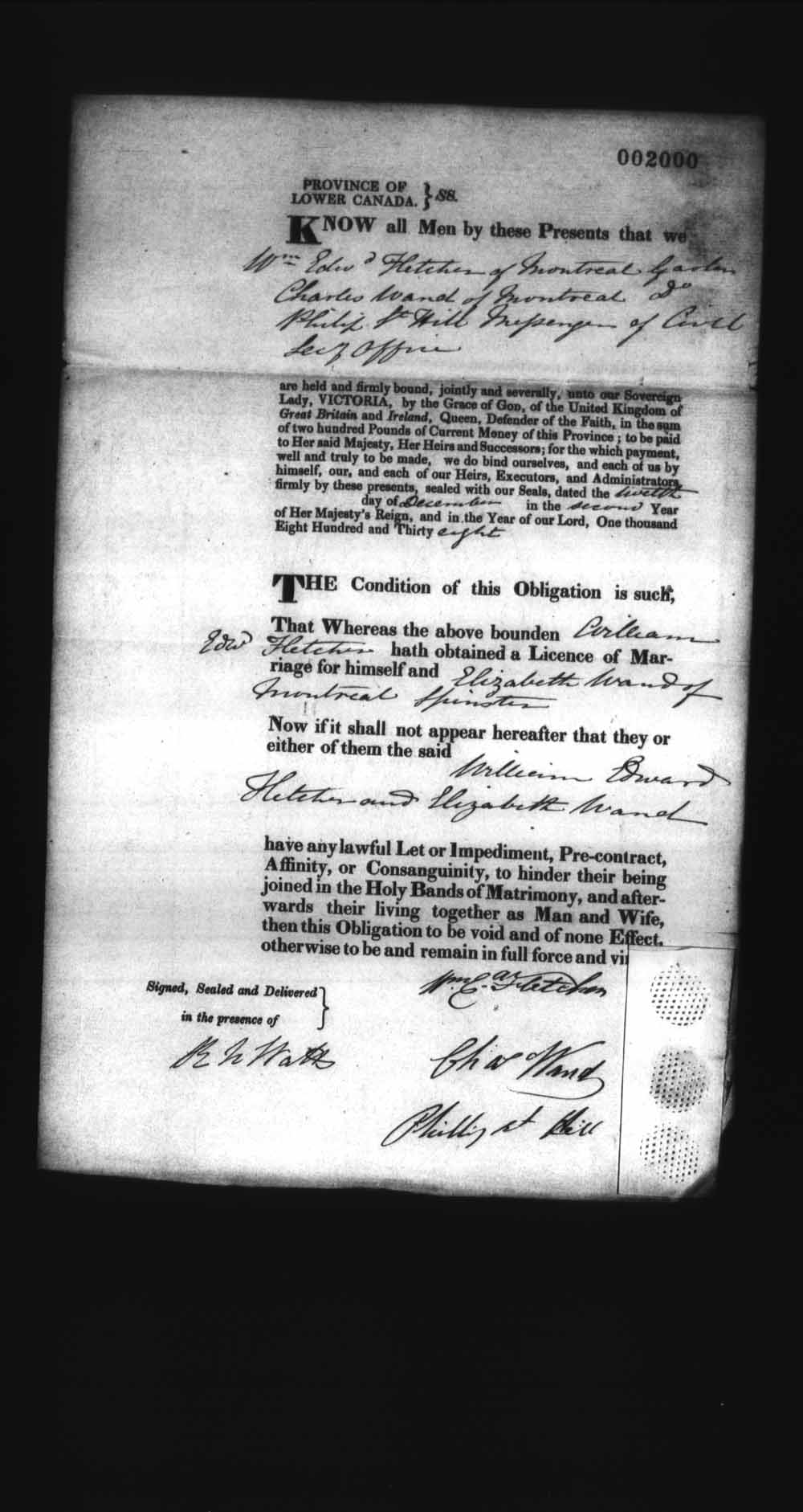 Digitized page of Upper and Lower Canada Marriage Bonds (1779-1865) for Image No.: e008238342