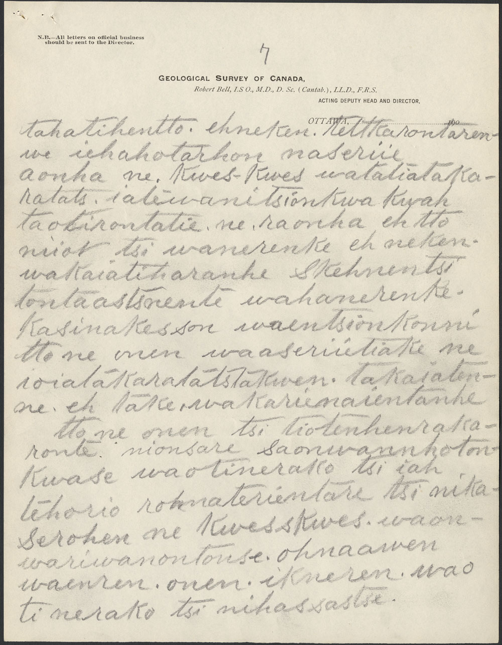 Papier beige avec texte manuscrit en noir, portant l'en-tte officiel de la Commission gologique du Canada