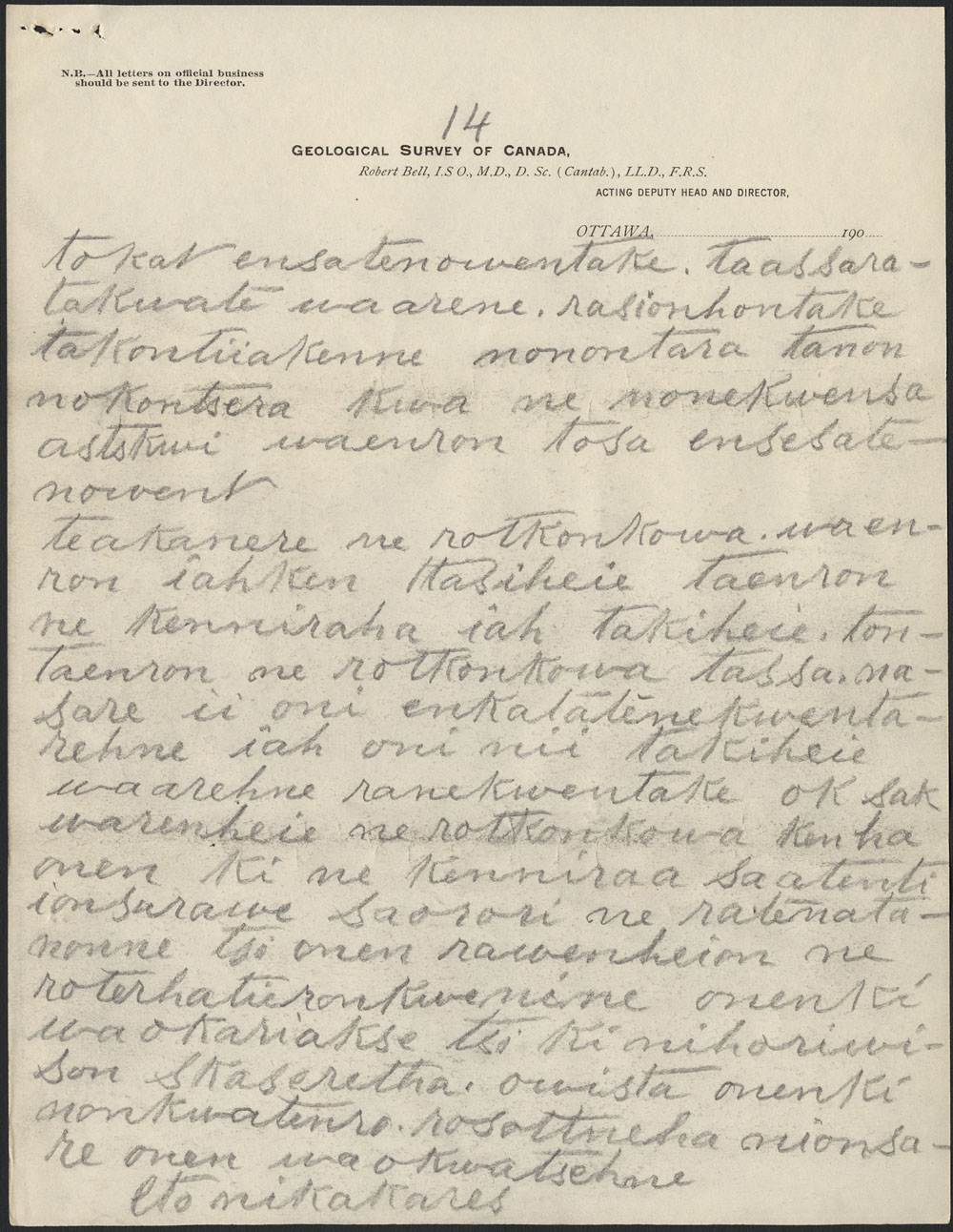 Papier beige avec texte manuscrit en noir, portant l'en-tte officiel de la Commission gologique du Canada